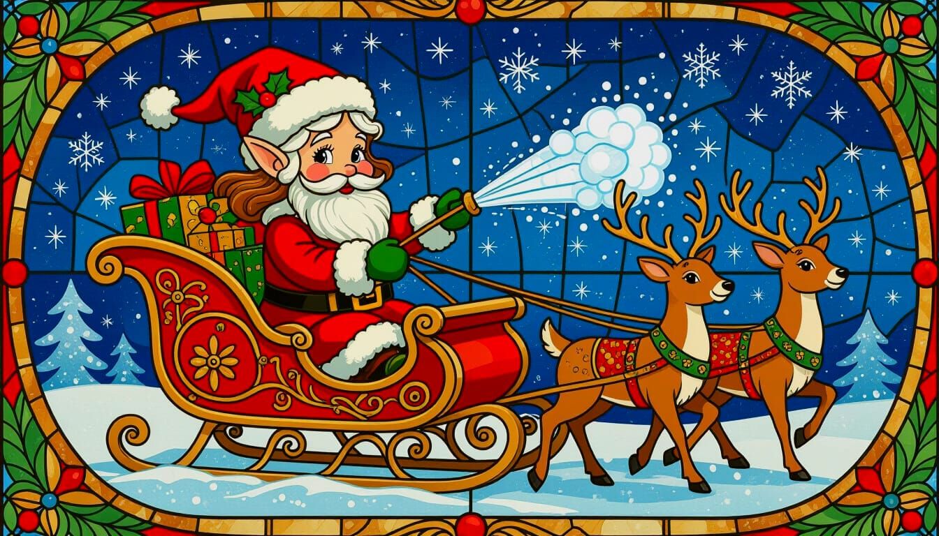 Steampunk Elf with Snow Blower in Sleigh - Stained Glass Mos...