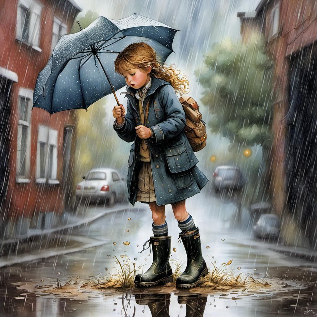 Child Plays in Puddle: Classic Illustration Style