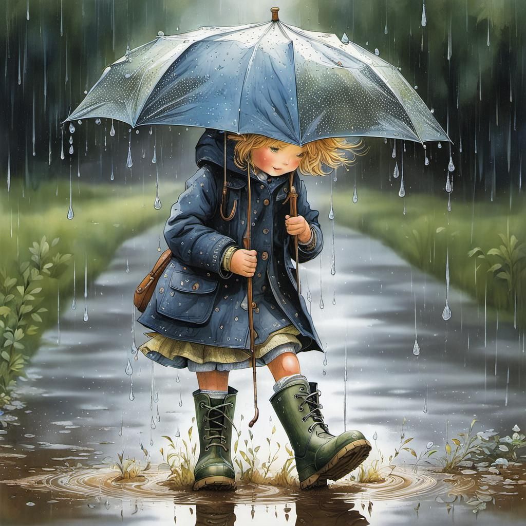 Child in Rain Boots Playing in Puddle