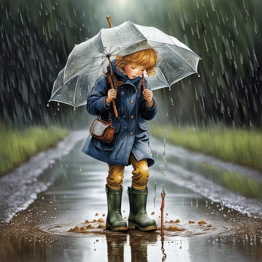 Child in Rain Boots Plays in Puddle: Detailed Illustration