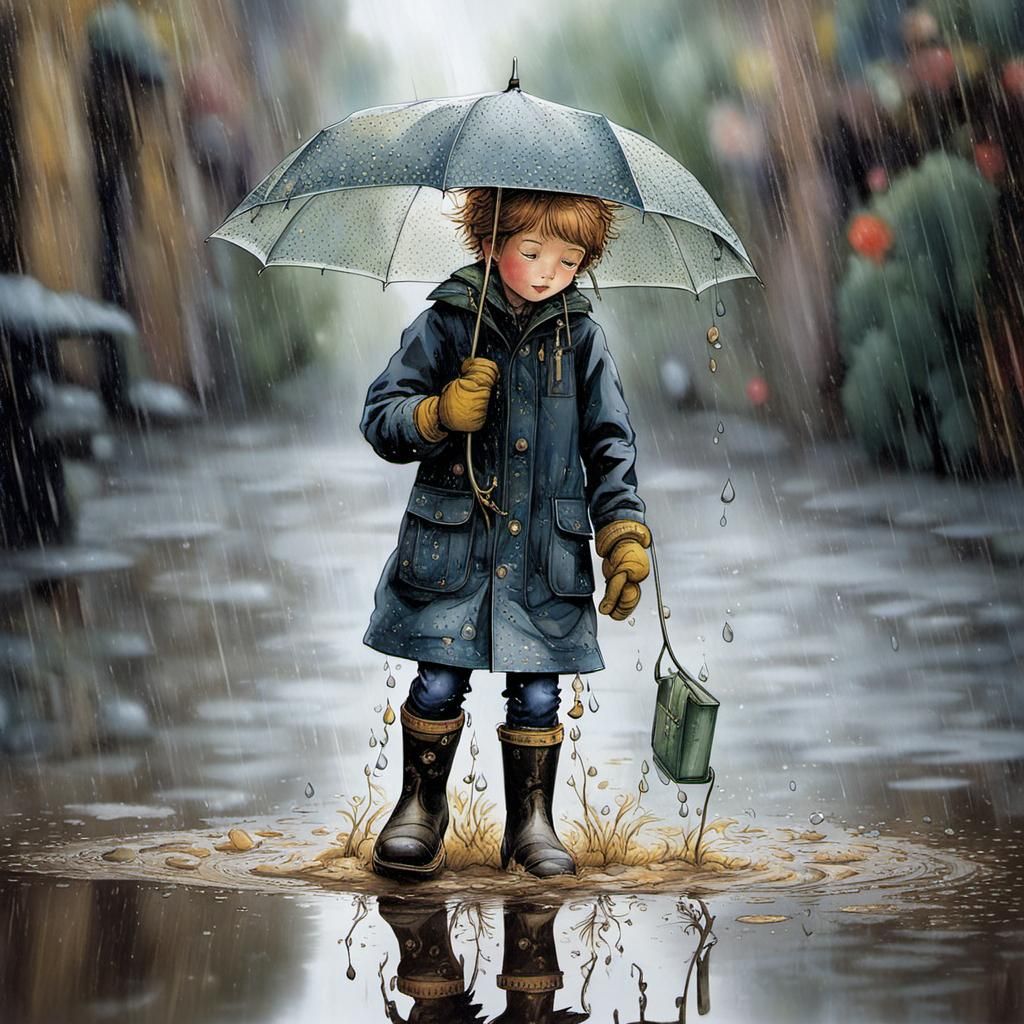 Child in Boots Plays in Rainy Puddle, Illustrated Style