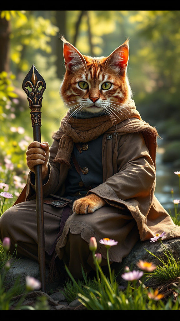 Anthropomorphic Cat Magician in Forest Meadow, D&D Art