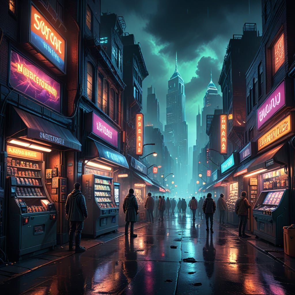 Cyberpunk Night Market with Neon Vending Machines