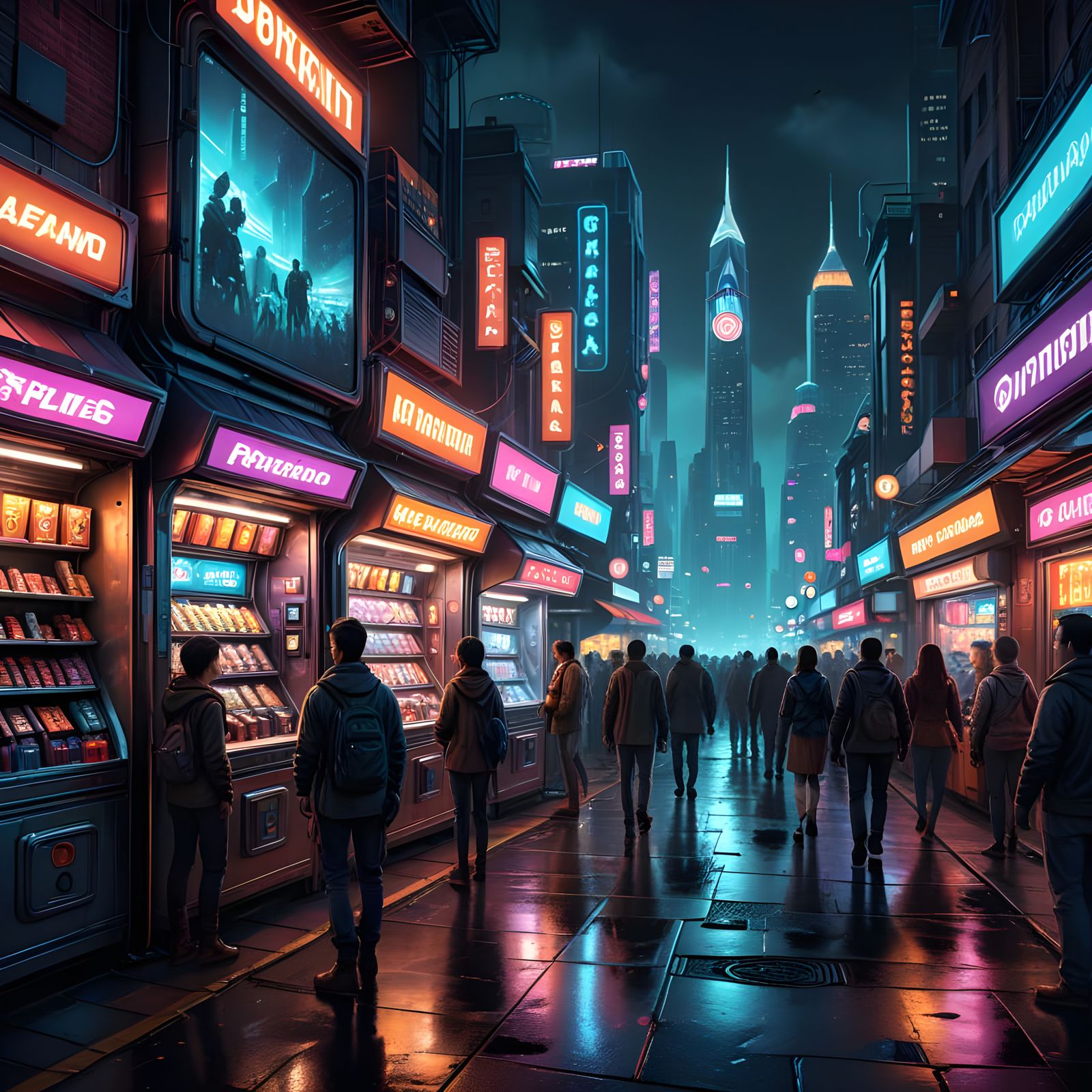 Surreal Cyberpunk Cityscape at Night Market with Futuristic ...
