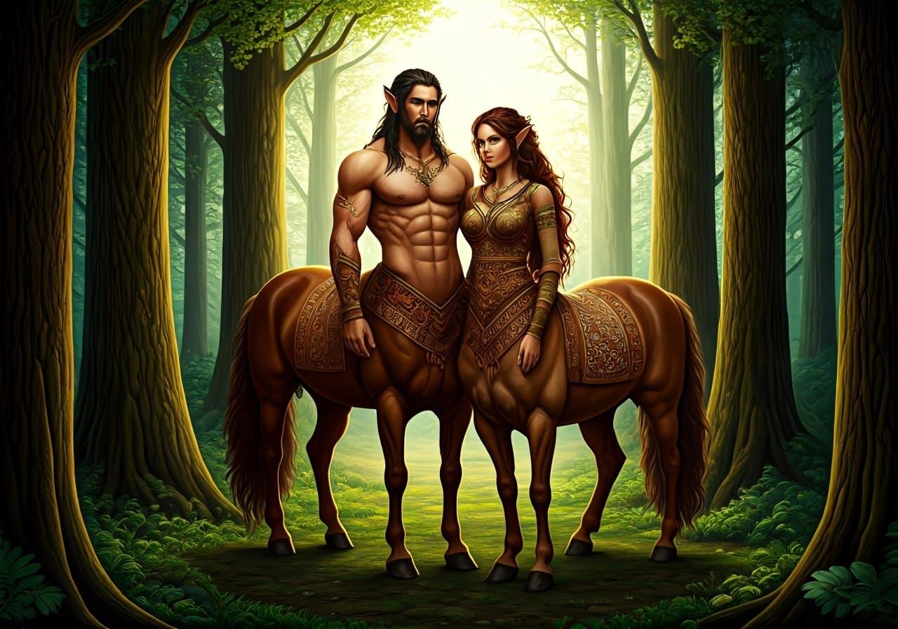 Centaur Family in Forest Glade, Folk Art Illustration