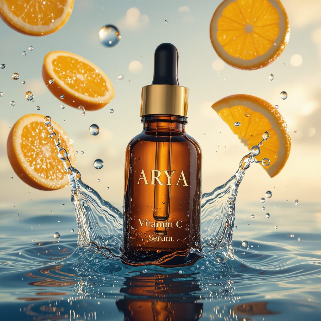 Vitamin C Serum Bottle Floating on Water with Orange Slices