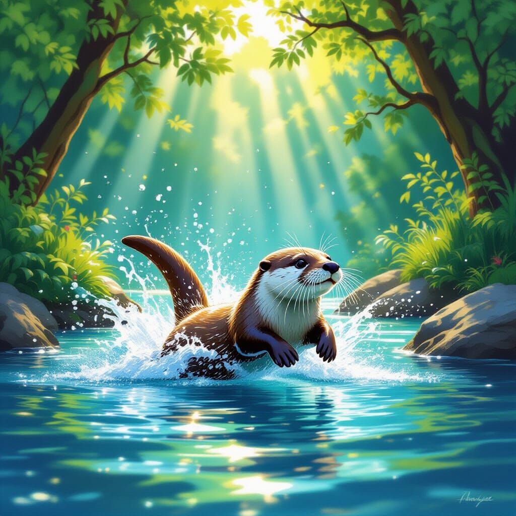 Playful Otter Diving in Rainbow Splashed River
