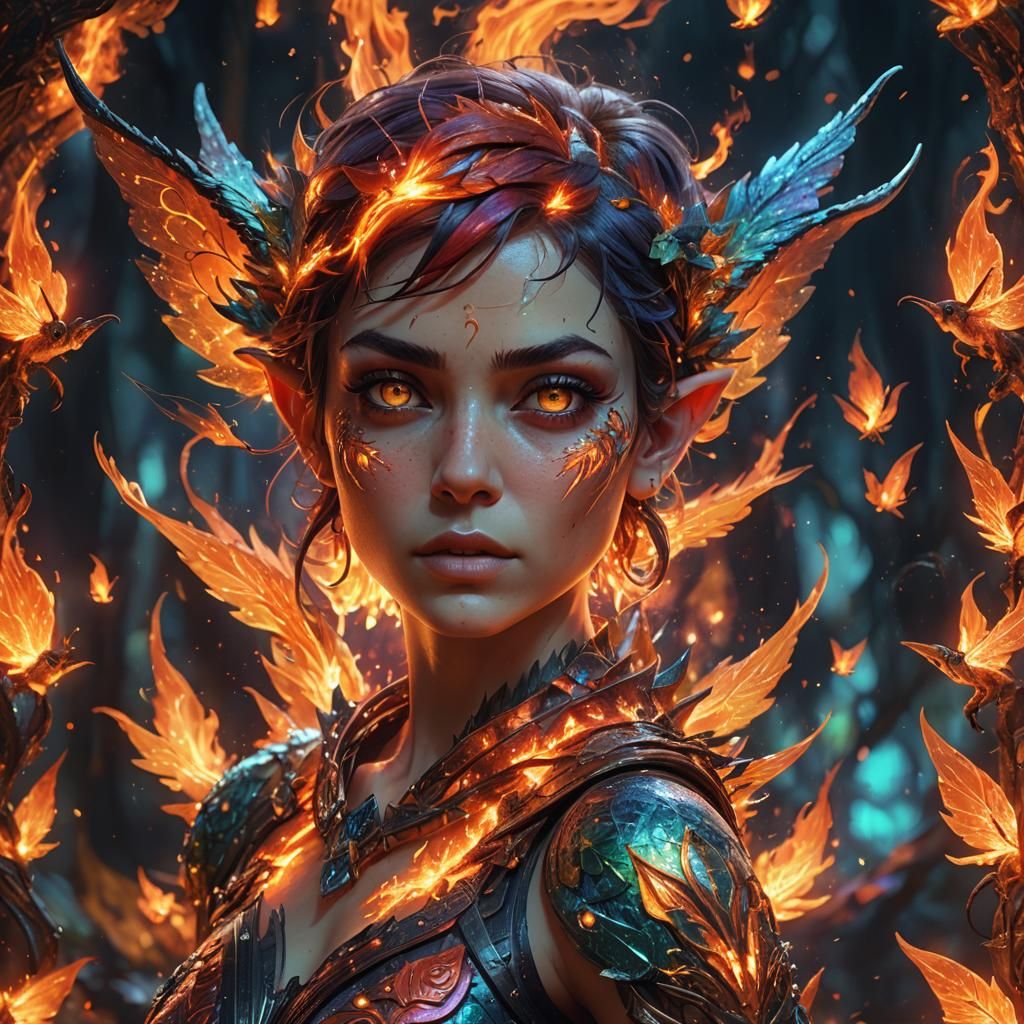 Fiery Pixie with Holographic Cosmic Detail