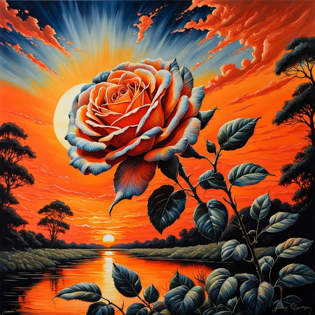 Ink Art Rose with Orange Sunset