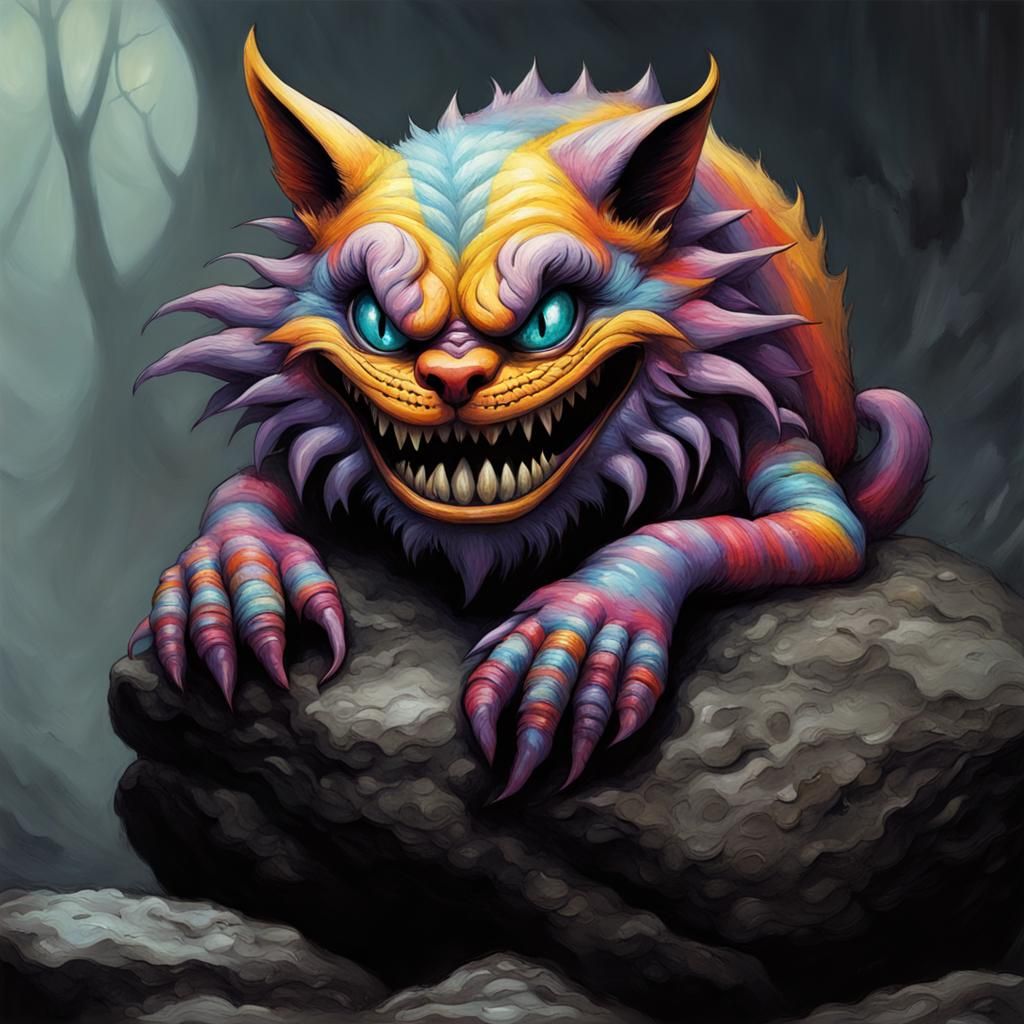 Detailed Cheshire Cat on Rock, Sinister Art