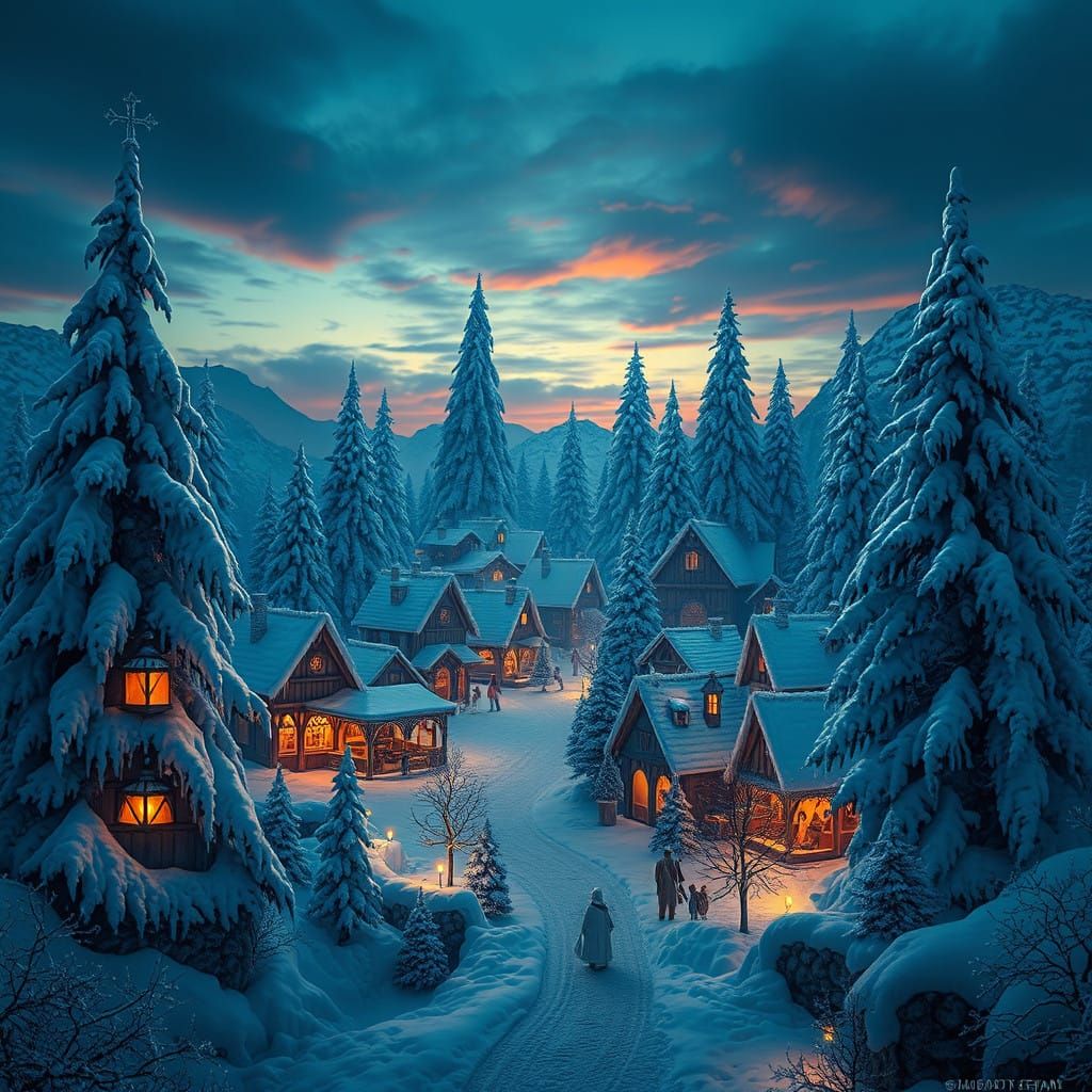 Mystical Christmas Village Dusk in Fantasy Concept Style