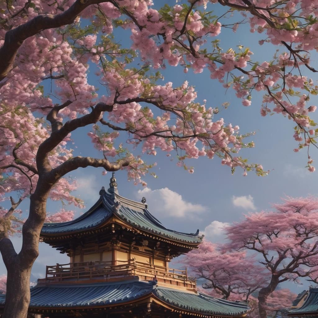 Sakura Tree at Japanese Temple in Fantasy Art Style