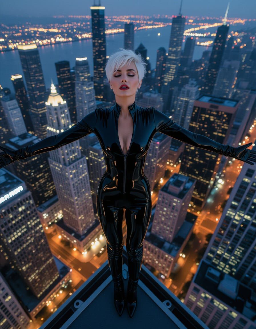 Woman in Latex Catsuit on Skyscraper Edge