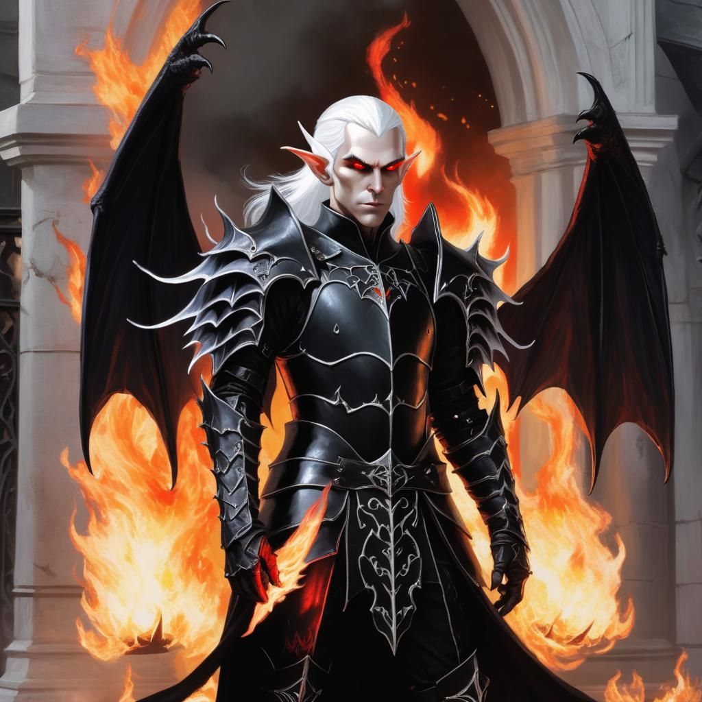 A male fiendish elf, in full black armor, with a pair of big...