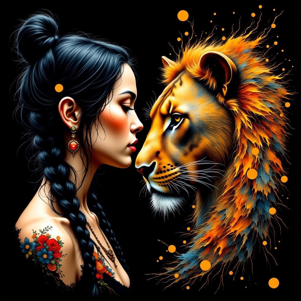 Maori Girl and Lioness Nuzzle in Vibrant Ink Art