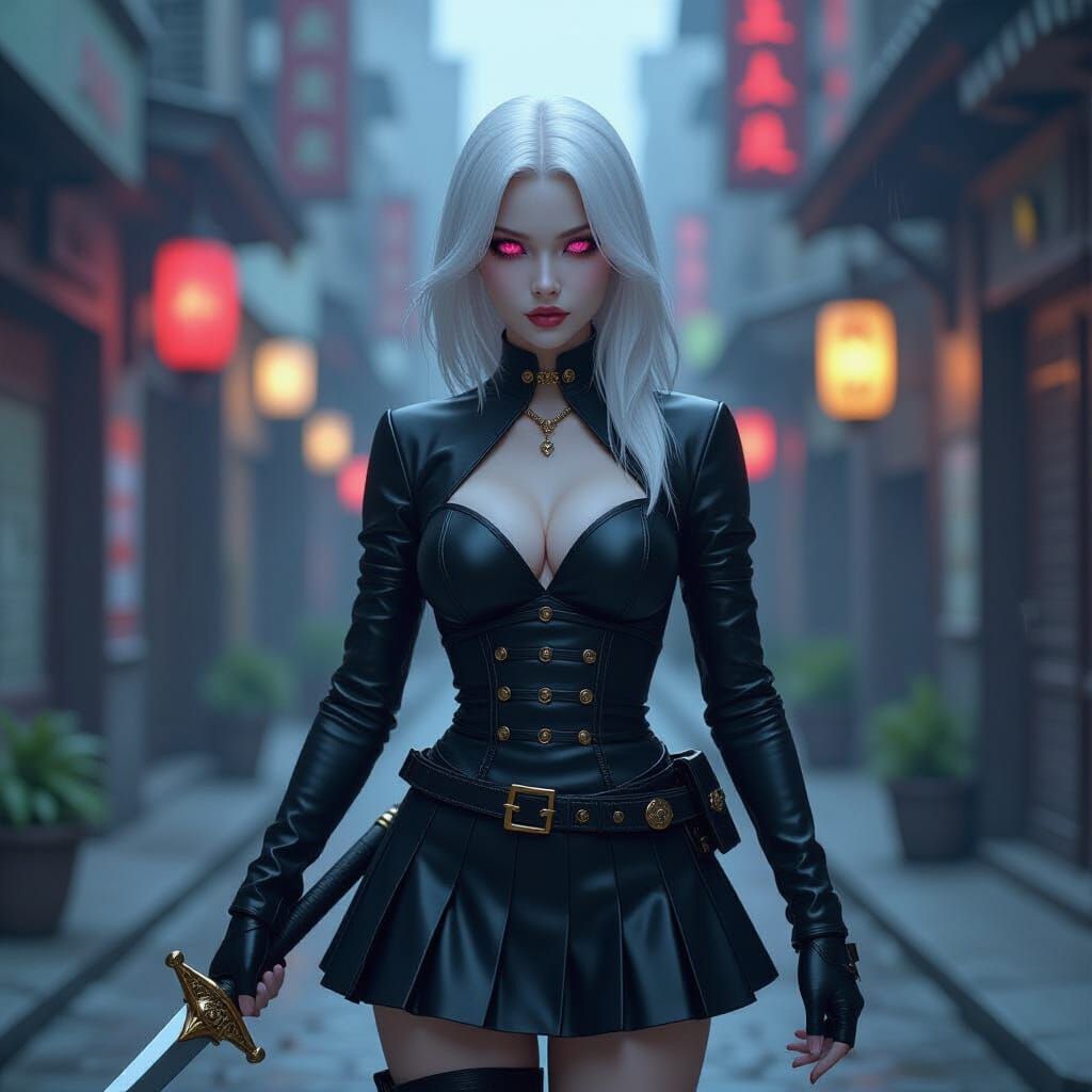 Albino Woman Lost in City Maze, Dark Fantasy Art