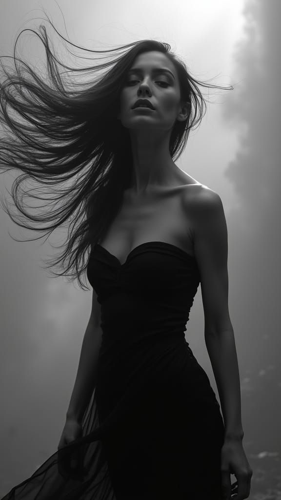 Dynamic Woman with Flowing Hair in Hyper-realistic Black & W...