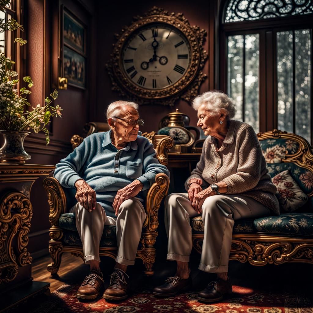An elderly couple appreciating their time they have together. Maximalism, intricate detail, unreal engine 5, hyperdetail...