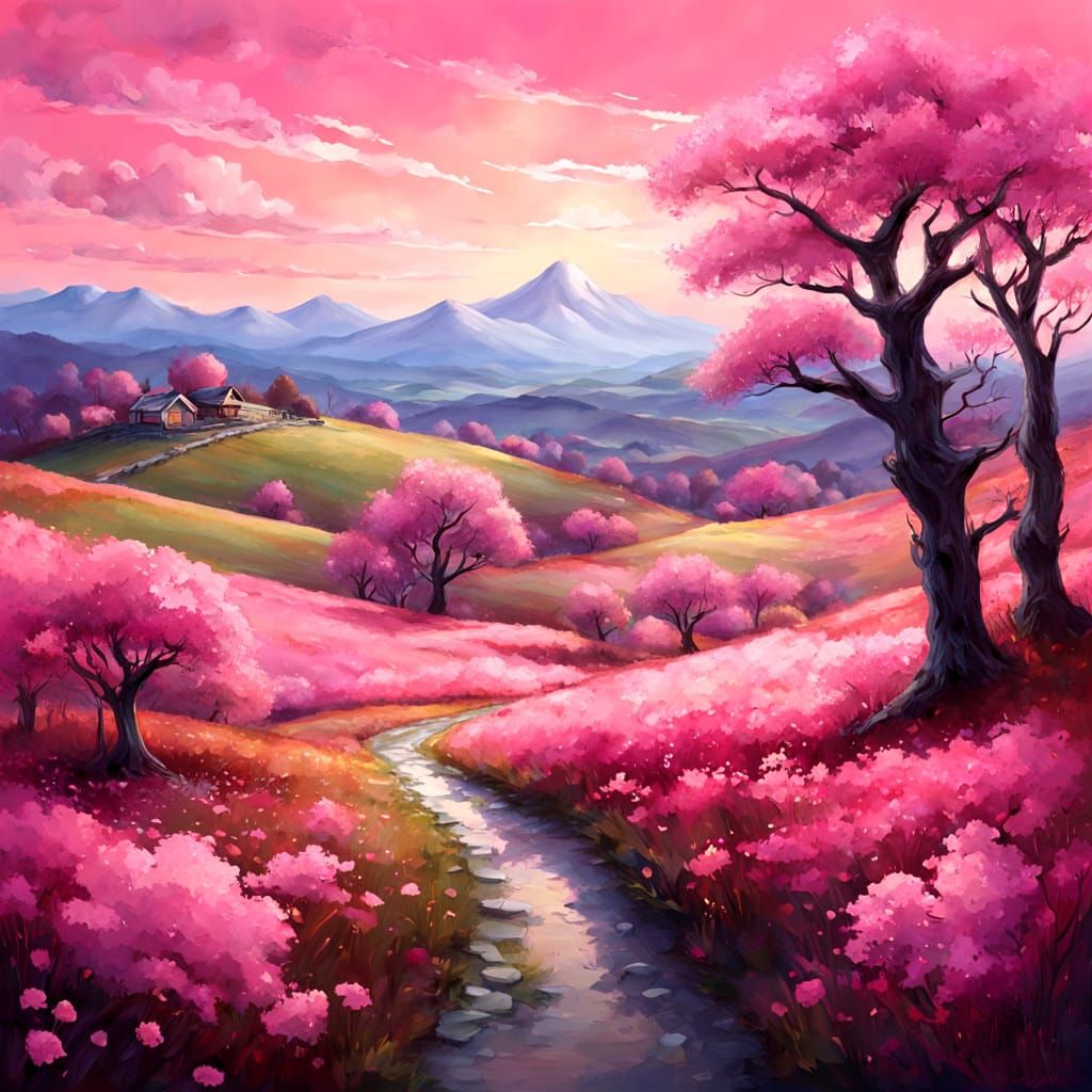 Dreamy Blossoming Fantasy Landscape in Vibrant Watercolor St...