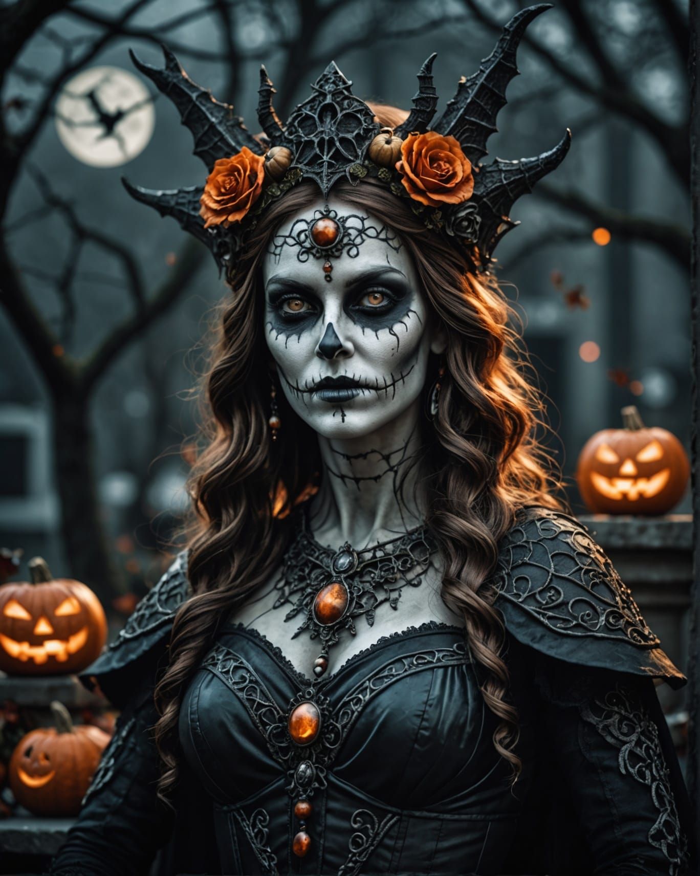 Beautiful Goddess of Halloween in Hyperrealistic Style