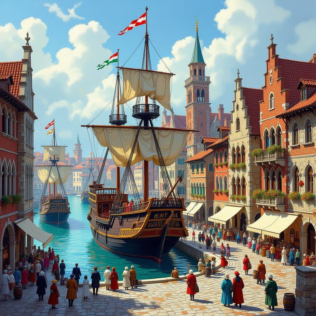 Renaissance Port City with Tall Ships, Oil Painting Style