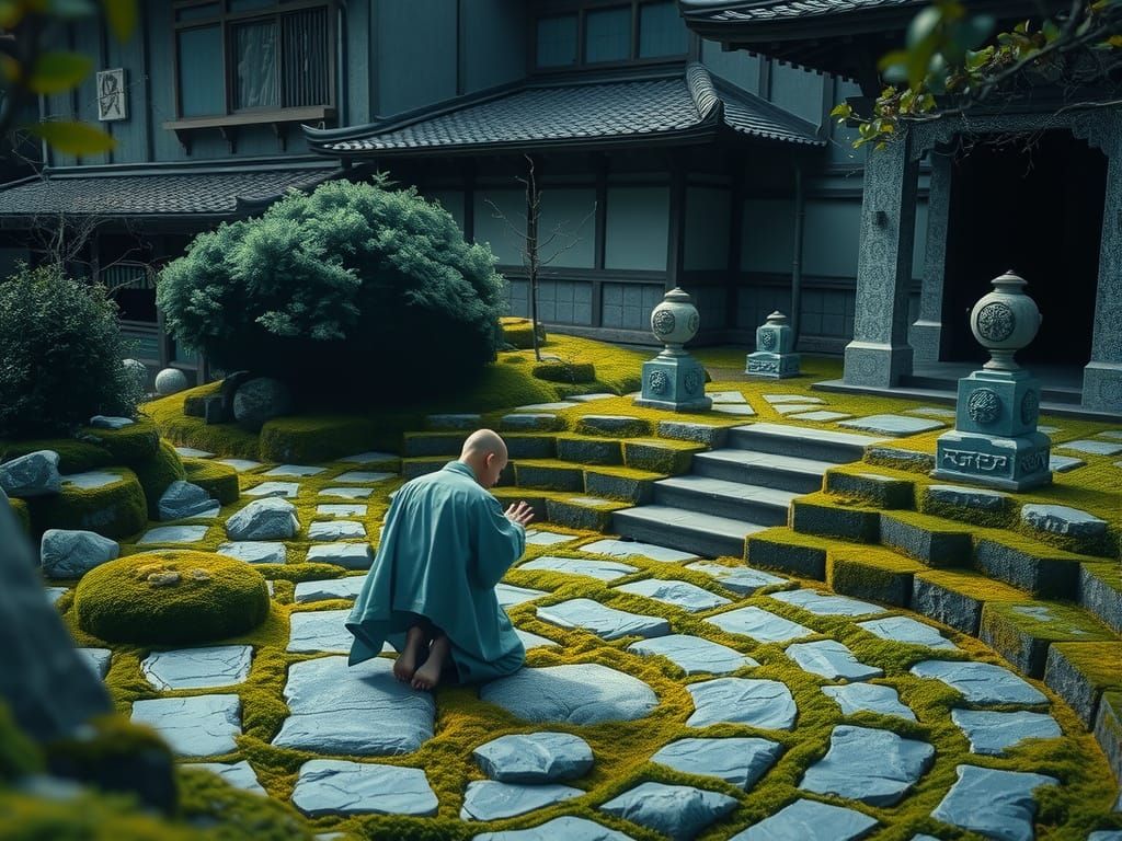Hyperrealistic Worshiper in Stone Zen Garden