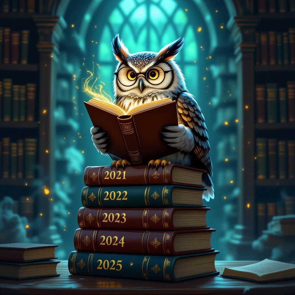 Wise Owl Reads Through Years in Enchanted Library