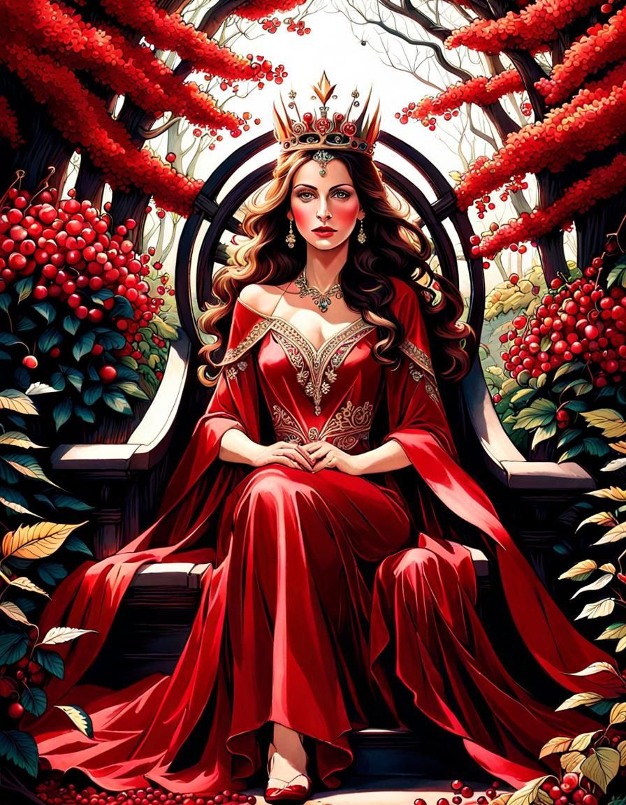 Woodland Goddess in Red Satin Dress, Fantasy Art