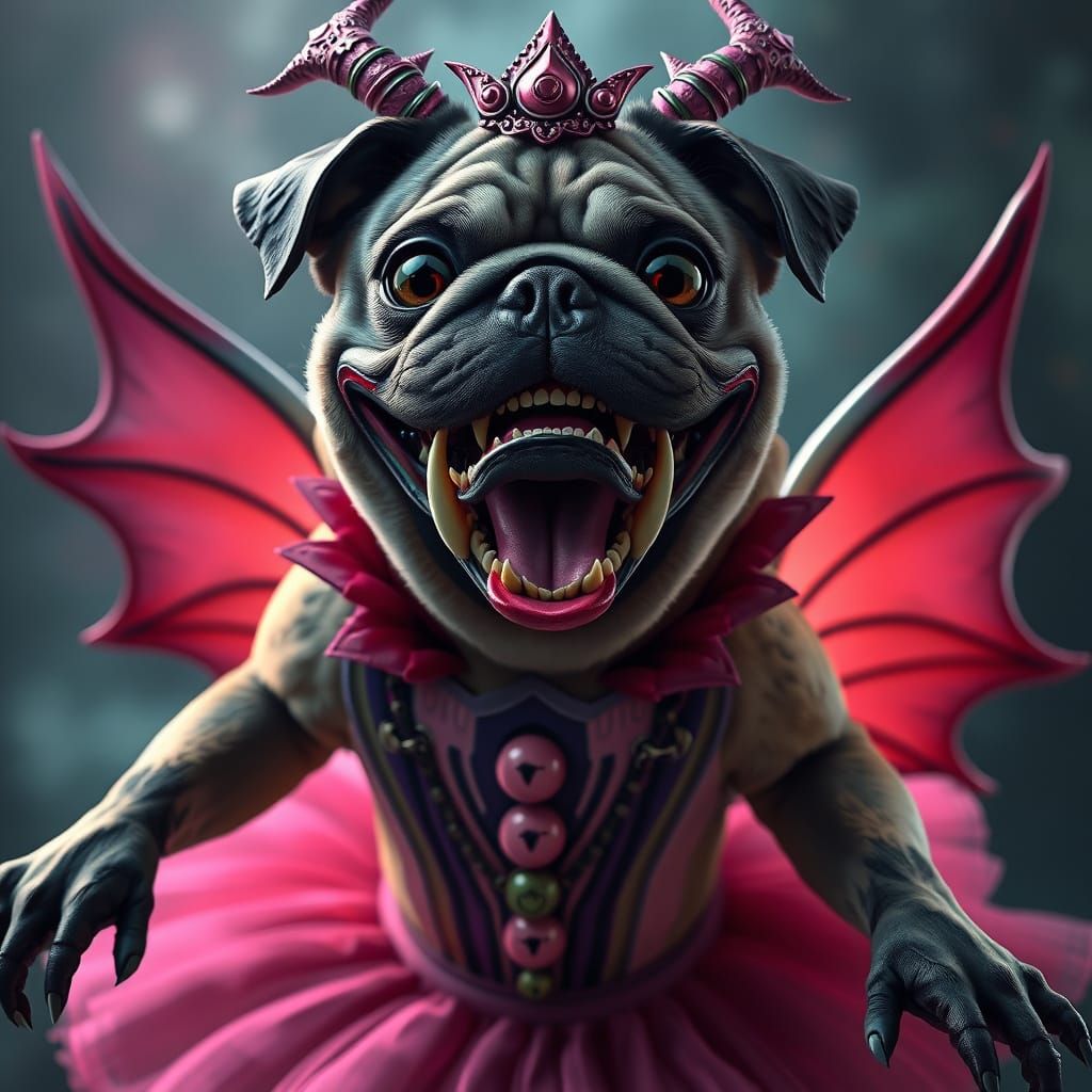 Pug Ballerina Supervillain with Creepy Grin