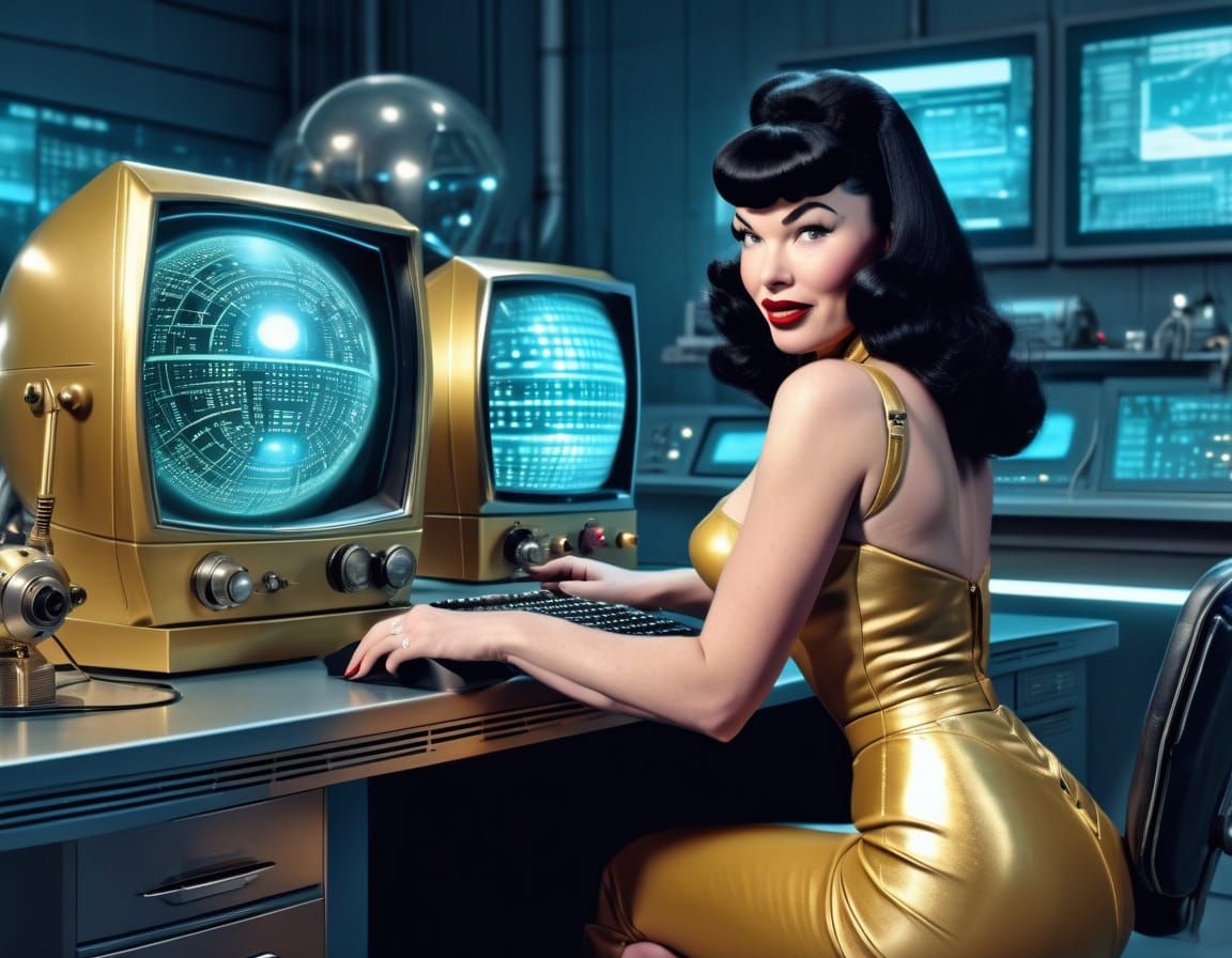 Retro Sci-Fi Beauty in Futuristic Lab