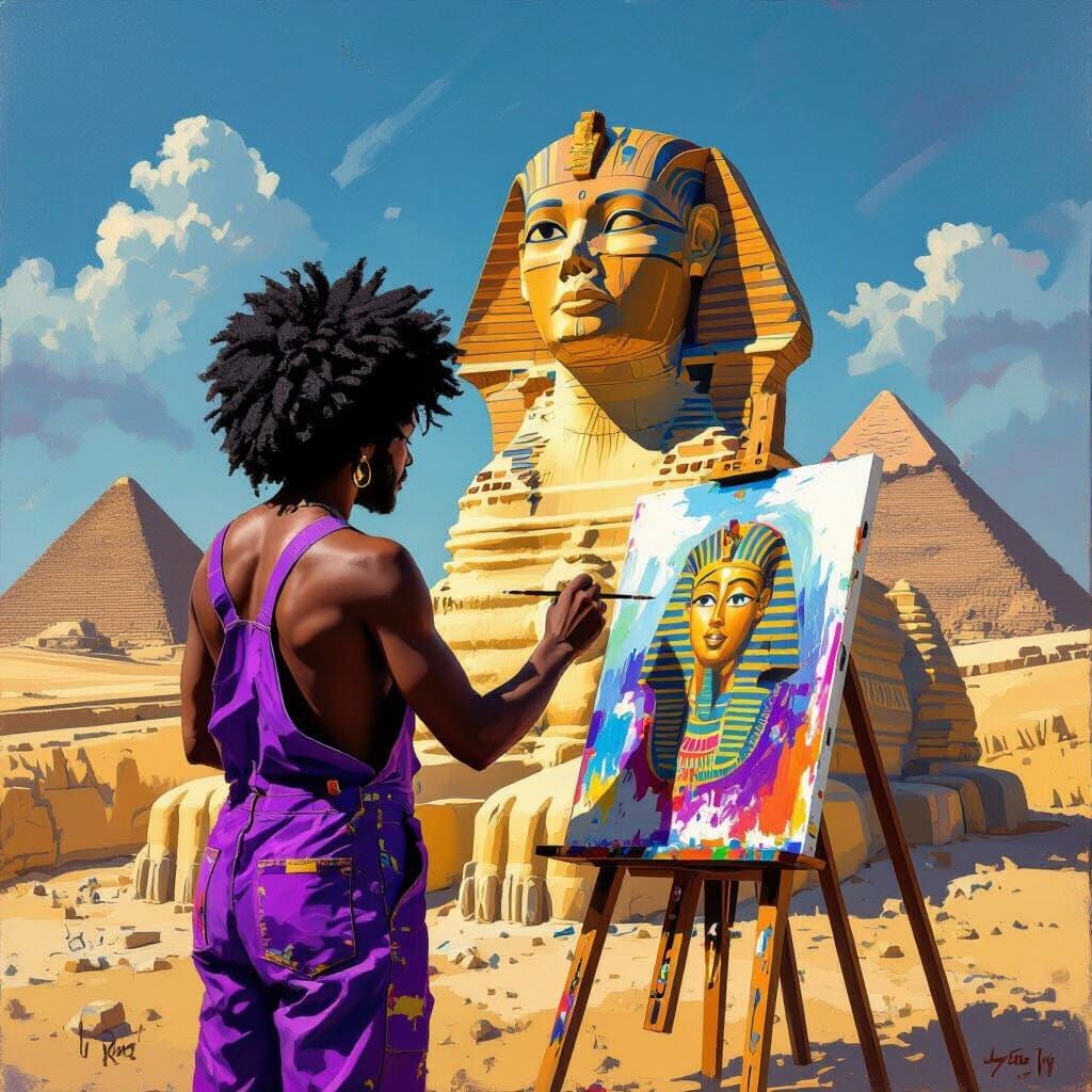 Artist Paints Sphinx in Expressive Oil Painting Style