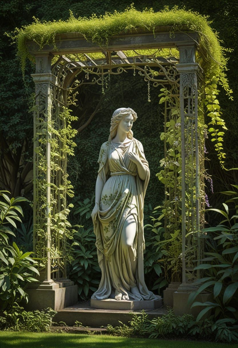 Moss Covered Marble Sculpture of Woman with Wisteria