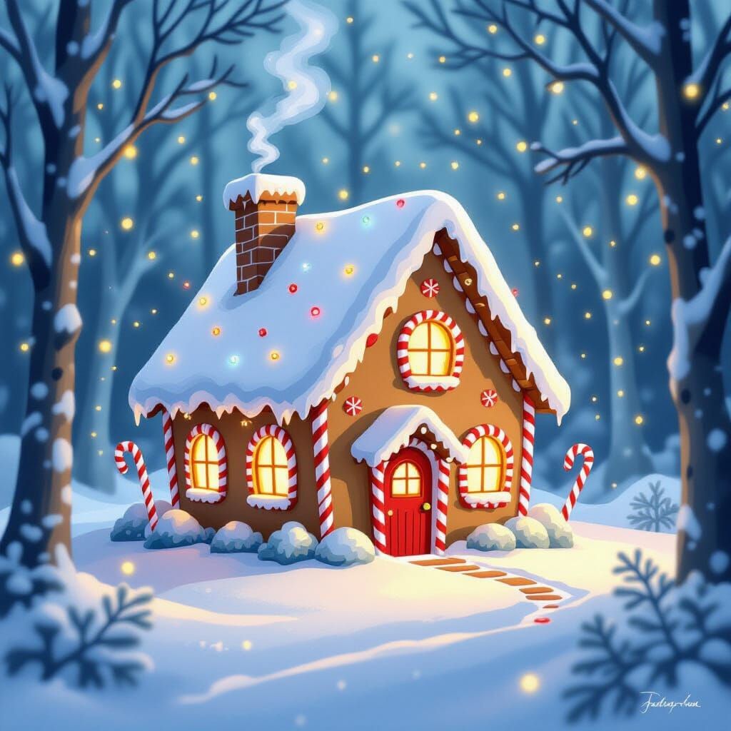 Enchanting Gingerbread House in Snowy Forest Clearing