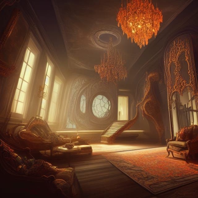 Modern House Interior with Chandelier: Fantasy Concept Art
