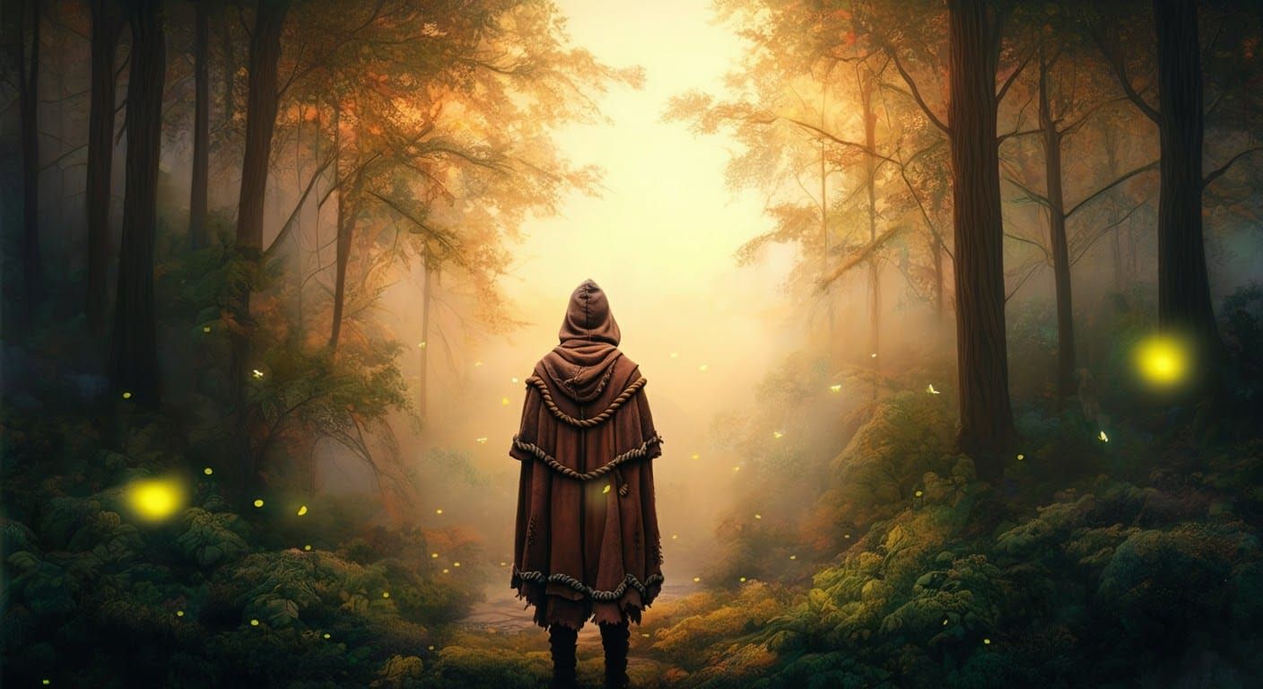 Mystical Forest Scene at Golden Hour