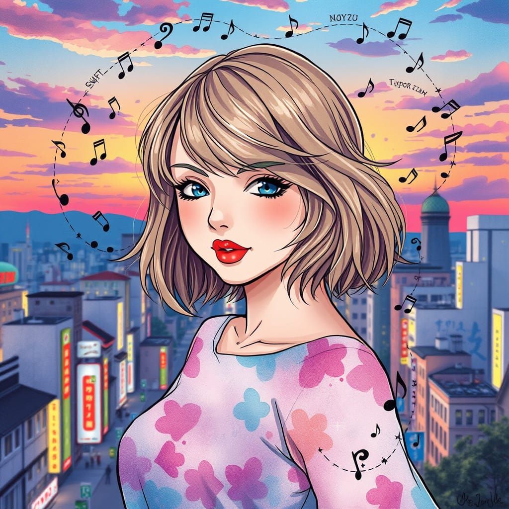 Taylor Swift in Vibrant Anime Style with Tokyo Cityscapes