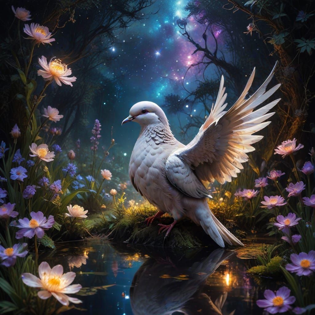 Dove in Whimsical Fantasy Village Under Glowing Cosmos