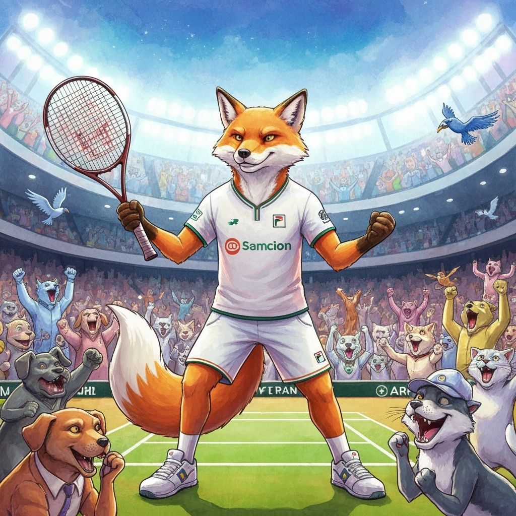 Fox Tennis Champion Celebrates Victory in Gouache Style