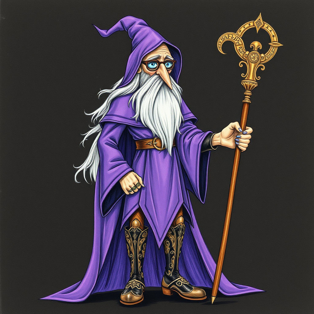 Portrait of A wizard that is Extremely tall, gangly thin and...