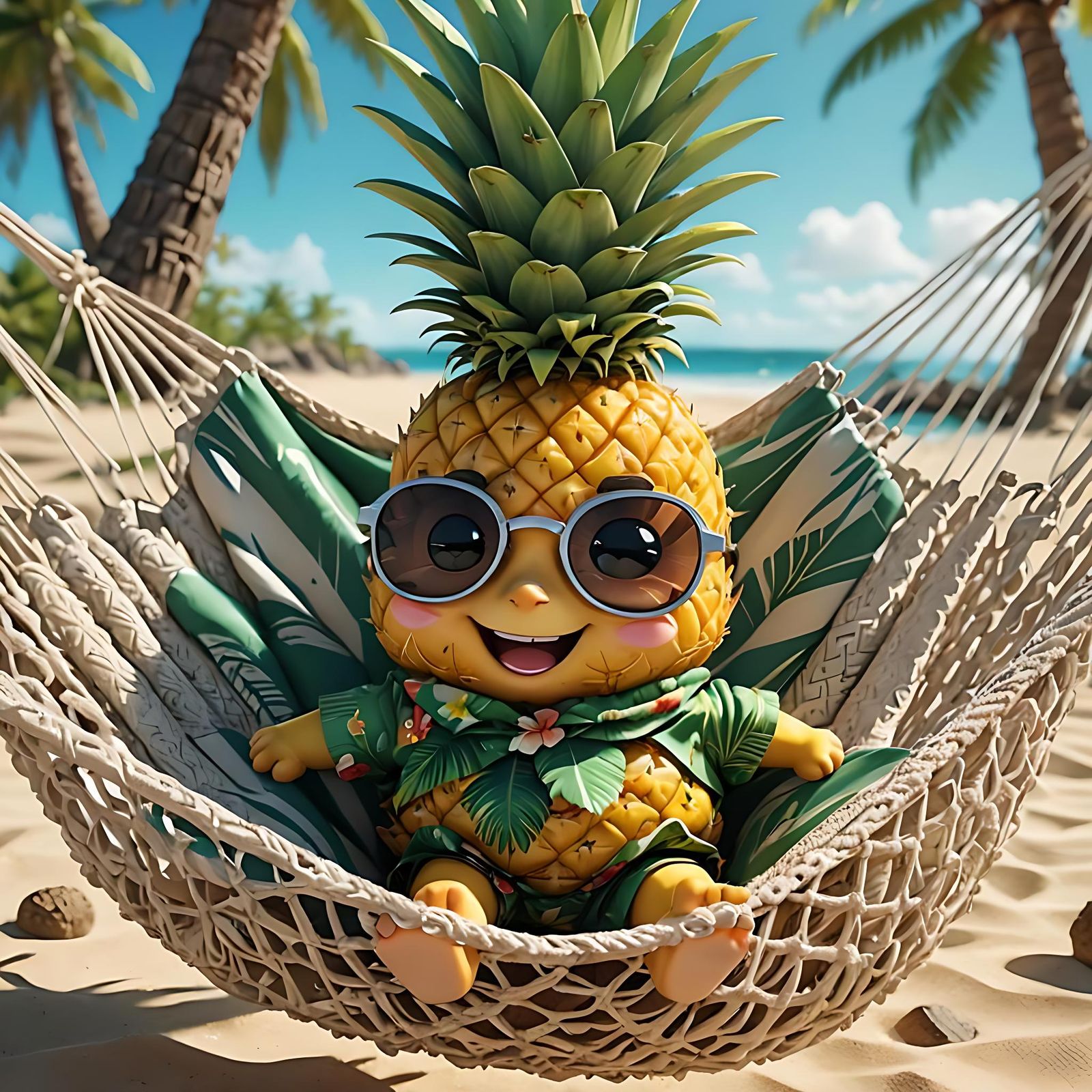 Chibi Pineapple Lounging on Beach in 3D Style