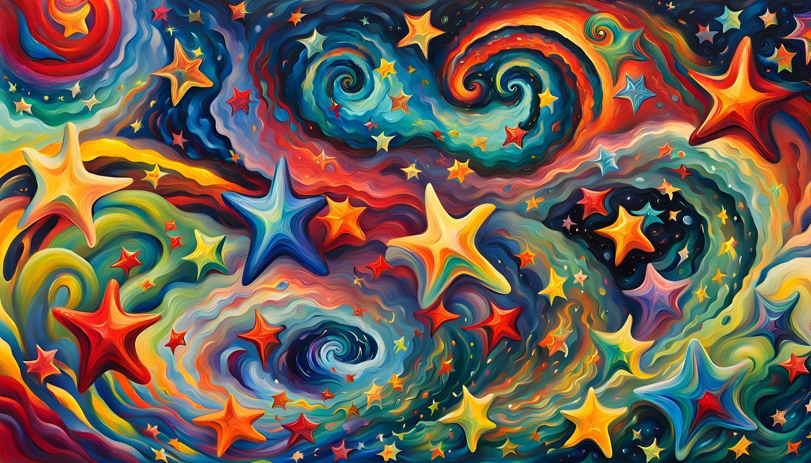 Iridescent Stars in Rainbow Cosmic Coils: Oil Painting