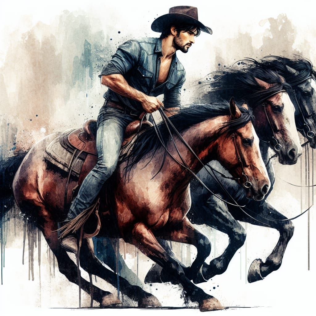 Cowboy Rides Two Horses in Watercolor Style