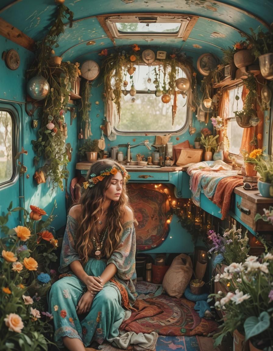 Bohemian Gypsy in Cozy Trailer: Vibrant Oil Painting