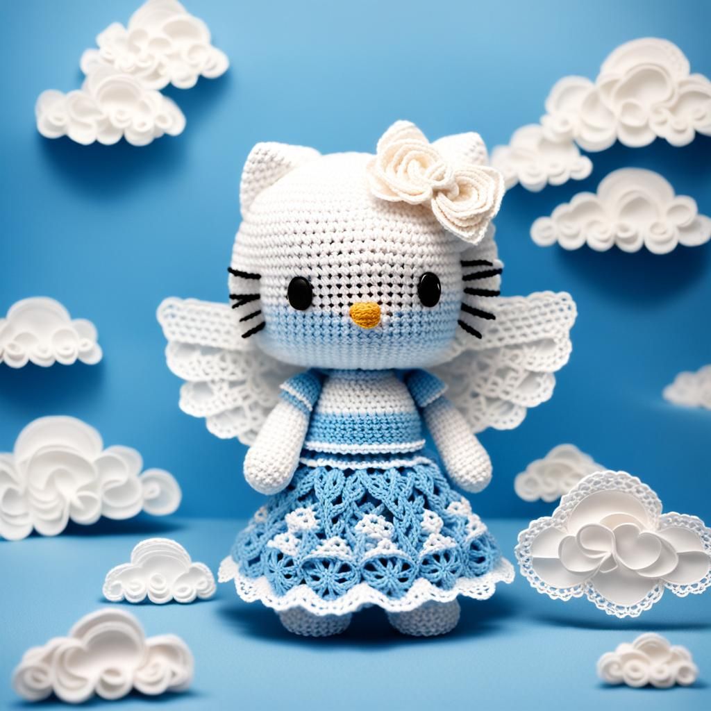 Crocheted Hello Kitty Angel in Blue Lace Sky