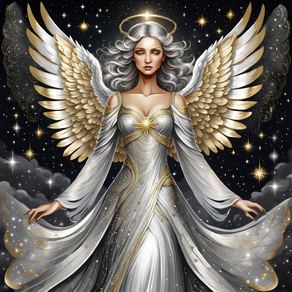 Angel in Silver and Gold Dress Under Stars