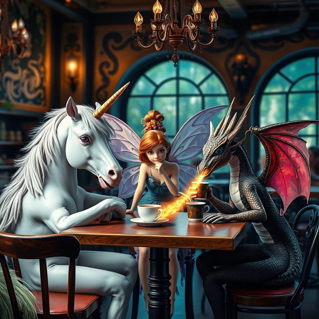 Unicorn, Fairy, and Dragon Enjoy Coffee in Mythical Cafe