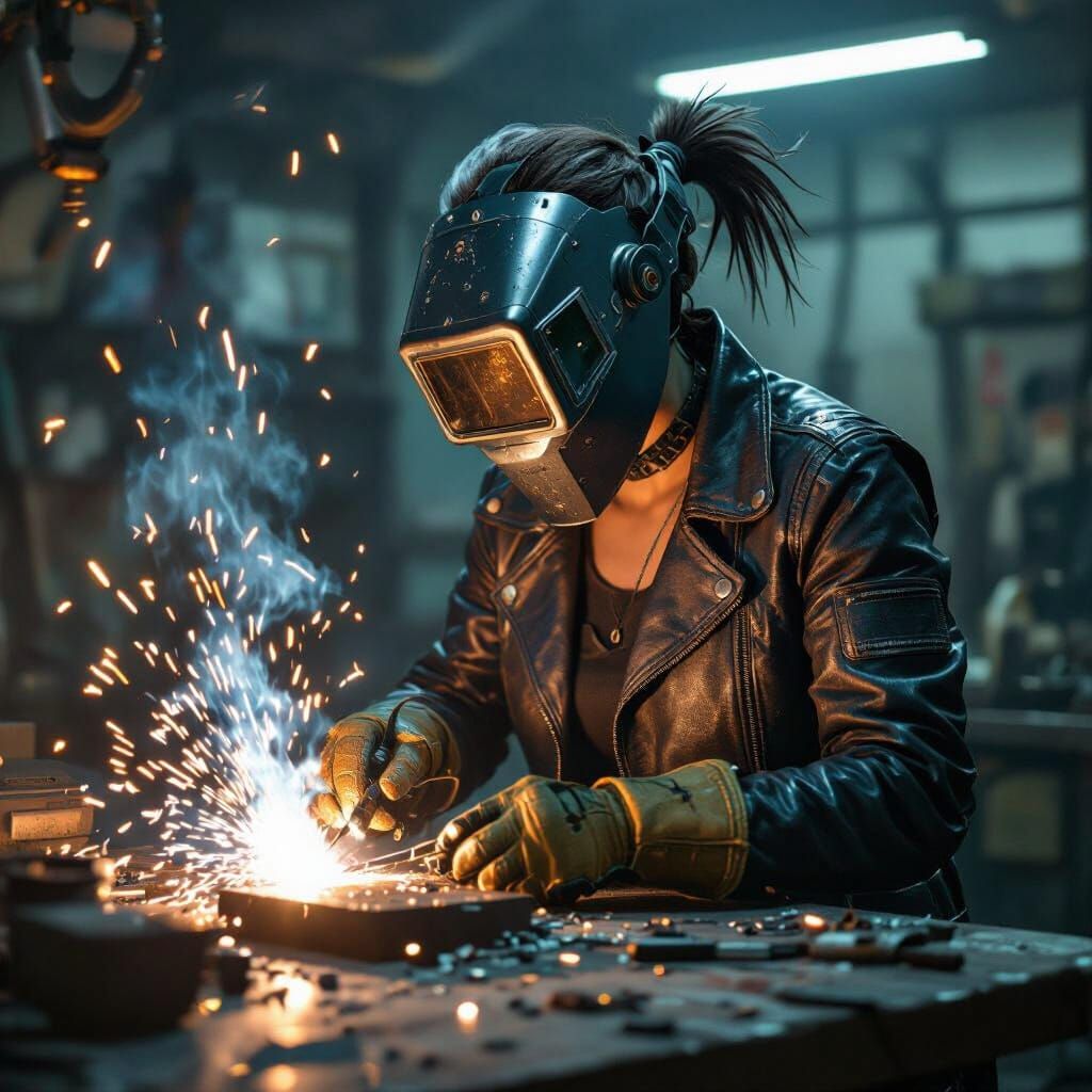 Harpy Welder in Retro-Futuristic Style Workshop