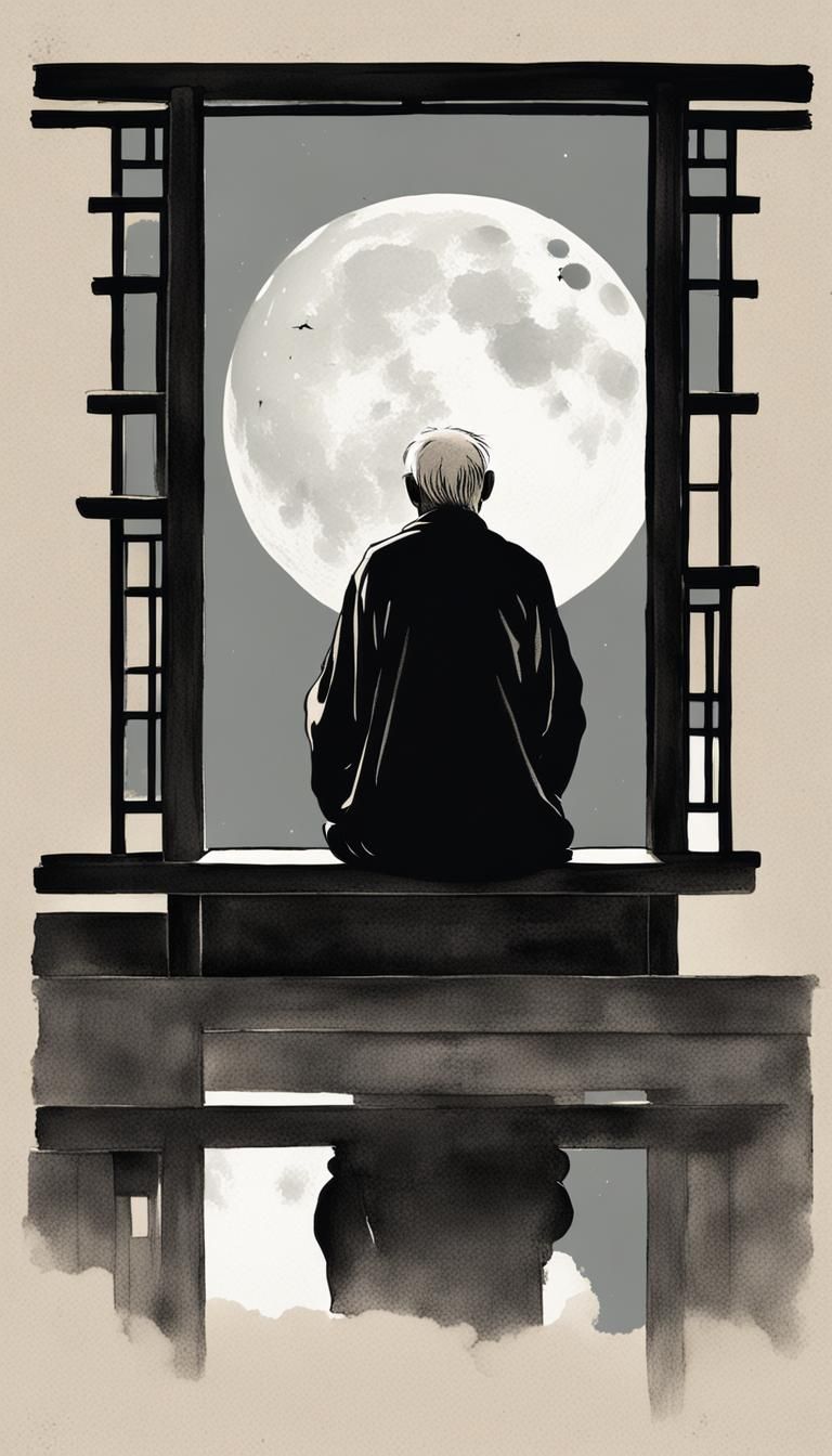 Minimalist Chinese Ink Painting: Old Man at Window