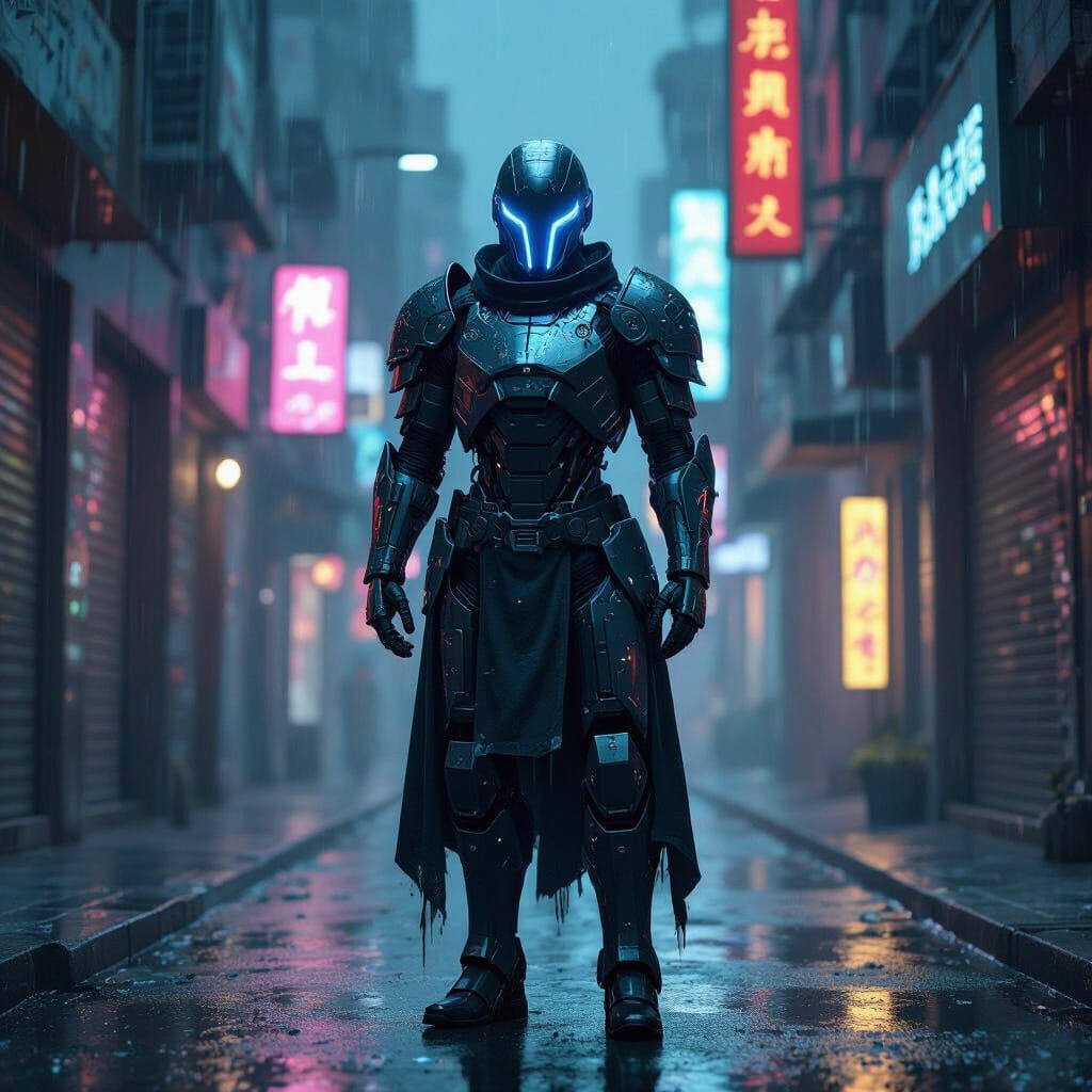 Cybernetic Knight in Neon Alleyway, Hyperrealistic Style