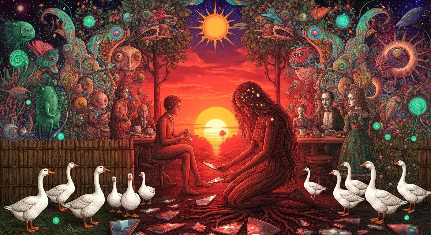 Surreal Cafe Scene with Mythical Creatures and Sacred Geomet...